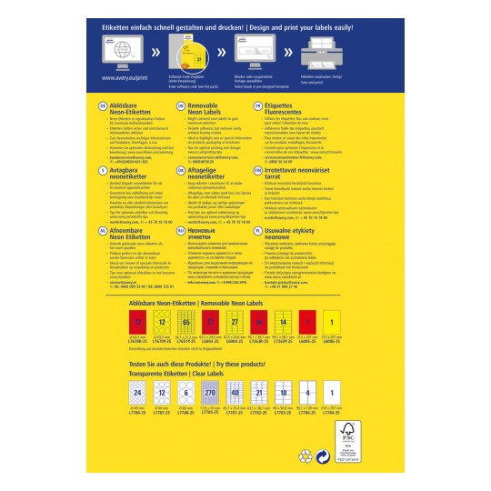 Ova slika prikazuje razne pomične neonske naljepnice i uključuje upute za dizajn i ispis. Prikazuje dimenzije naljepnica i nudi savjete za optimalnu upotrebu, dostupno na više jezika.