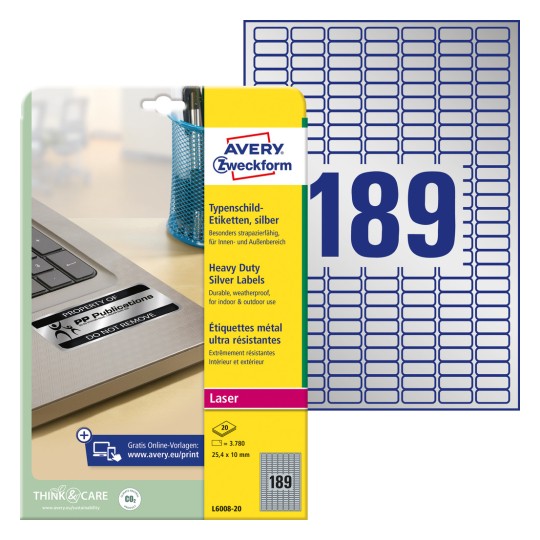 Oznaka ambalaže s listovima naljepnica: Avery Zweckform naljepnice za oznake tipa, Artikal: L6008-20, Format: 25,4 x 10 mm, Prikladno za: crno-bijeli laserski pisač, Sadržaj: 3.780 naljepnica / 20 listova, 189 naljepnica/list?