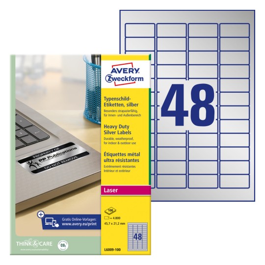 Slika pakiranja s listom naljepnica: Avery Zweckform natpisne naljepnice, artikal: L6009-100, format: 45,7 x 21,2 mm, prikladno za ispis: crno-bijeli laser, sadržaj: 4.800 naljepnica / 100 listova, 48 naljepnica/list.