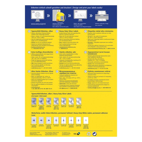Slika je informativna grafika o Averyjevim izdržljivim srebrnim i bijelim etiketama, koja prikazuje dimenzije, primjene i upute za ispis na više jezika.