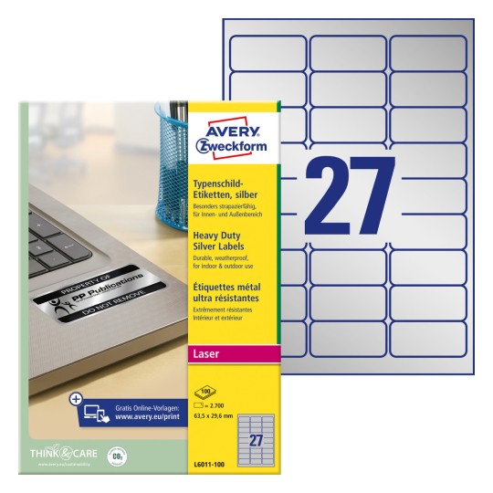 Slika pakiranja s arkom etiketa: Avery Zweckform tipske etikete, Artikl: L6011-100, Format: 63,5 x 29,6 mm, Pogodno za ispis: crno-bijeli laser, Sadržaj: 2.700 etiketa / 100 listova, 27 etiketa/listu.