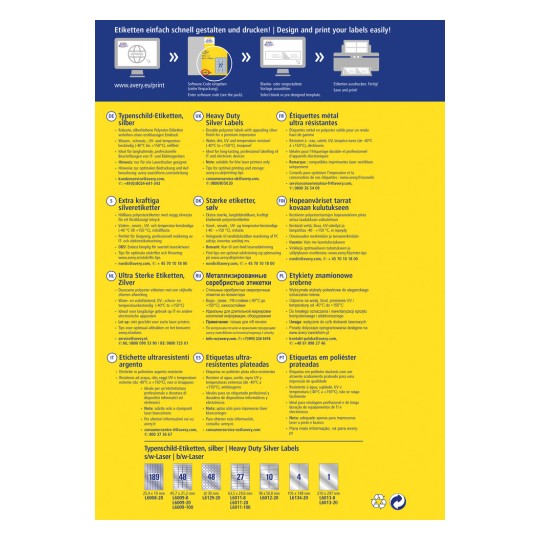 Slika prikazuje različite vrste izdržljivih srebrnih naljepnica dostupnih od Averyja, s detaljima o specifikacijama i smjernicama za korištenje na različitim jezicima.