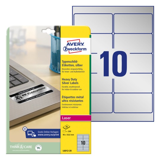 Pakiranje s listovima etiketa: Avery Zweckform natpisne etikete, artikl: L6012-20, format: 96 x 50,8 mm, primjereno za ispis: laserski crno-bijeli, sadržaj: 200 etiketa / 20 listova, 10 etiketa/list.