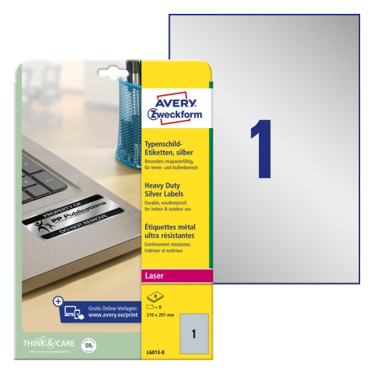 Slika pakiranja s listovima naljepnica: Avery Zweckform naljepnice za tipne pločice, Artikl: L6013-8, Format: 210 x 297 mm, Pogodno za ispis: crno-bijeli laser, Sadržaj: 8 naljepnica / 8 listova, 1 naljepnica/list?