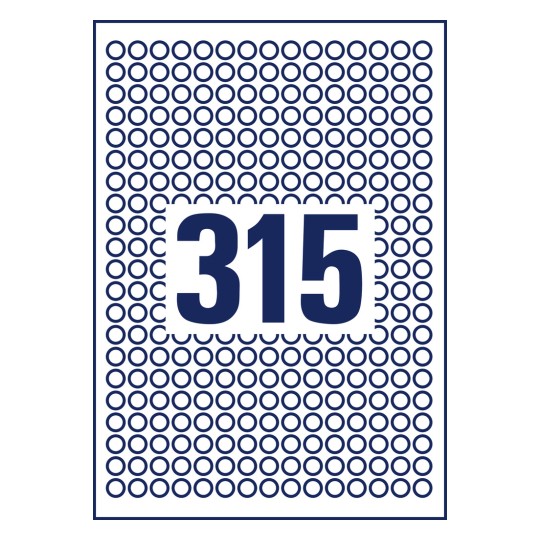 Crtanje štancanja pojedinačnih listova A4, Artikl: L6019REV-25, Okrugle etikete, odvojive, Format: ⌀ 10 mm, 315 etiketa/ list?