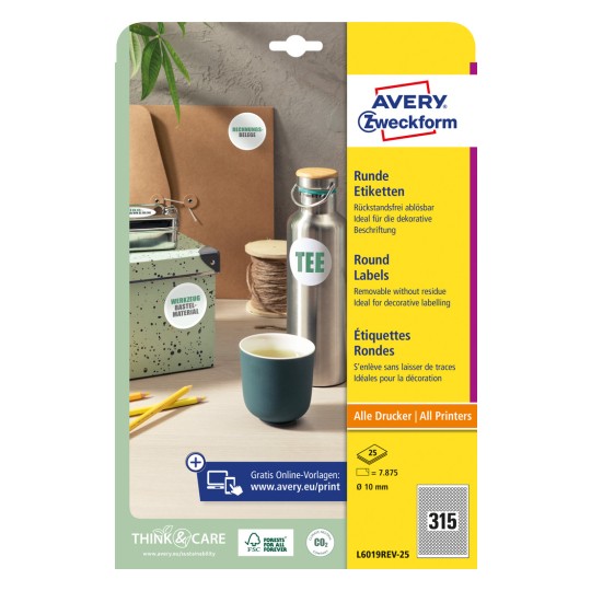 Slika pakiranja: Avery Zweckform Okrugle naljepnice, Artikl: L6019REV-25, Format: ⌀ 10 mm, Pogodno za tiskanje: Inkjet, crno-bijeli laser, laserski u boji, Sadržaj: 7.875 naljepnica / 25 listova, 315 naljepnica/listu.