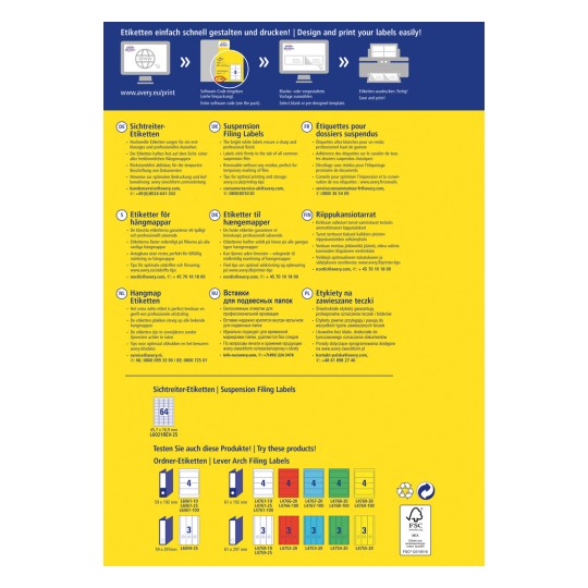 Slika sadrži upute za projektiranje i ispis etiketa za vješanje. Sadrži više jezika i opisuje korake i savjete za optimalnu uporabu, uz slike vrsta etiketa i njihove mjere.
