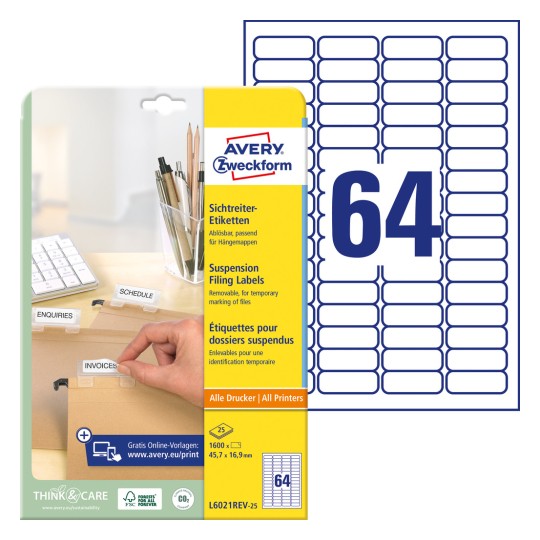 Pakiranje s listom etiketa: Avery Zweckform naljepnice za oznake, Artikl: L6021REV-25, Format: 45,7 x 16,9 mm, Pogodno za ispis: Inkjet, crno-bijeli laser, kolor laser, Sadržaj: 1.600 naljepnica / 25 listova, 64 naljepnice/list.