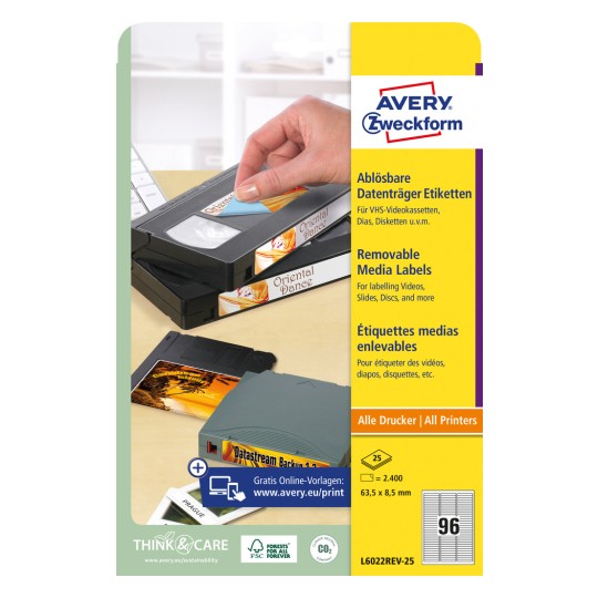Slika pakiranja: Avery Zweckform Ostale etikete za medije, Artikl: L6022REV-25, Format: 63,5 x 8,5 mm, Pogodnost za ispis: Inkjet, Laser crno-bijeli, Kolor laser, Sadržaj: 2.400 etiketa / 25 listova, 96 etiketa po listu.