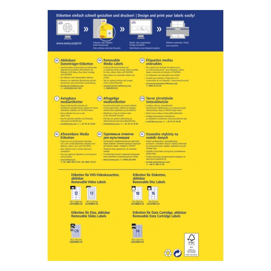 Slika sadrži dizajn naljepnica i vodič za ispis za razne naljepnice za medije koje se mogu ukloniti, prikazane na više jezika. Uključuje informacije o tome kako prilagoditi i ispisati naljepnice za različite vrste medija, kao što su DVD-i, VHS kazete i diskovi, zajedno s kontakt podacima za korisničku službu.