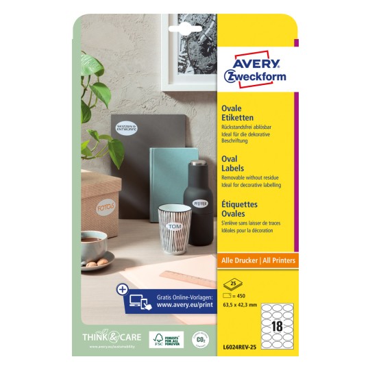 Slikovna oznaka pakiranja: Avery Zweckform Ovalne Naljepnice, Artikal: L6024REV-25, Format: 63,5 x 42,3 mm, Pogodno za ispis: Inkjet, laserski crno-bijeli, laserski u boji, Sadržaj: 450 naljepnica / 25 listova, 18 naljepnica/list.