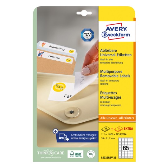 Slika pakiranja: Avery Zweckform univerzalne naljepnice, odstranjive, Artikl: L6026REV-25, format: 38,1 x 21,2 mm, pogodno za ispis: Inkjet, crno-bijeli laser, kolor laser, sadržaj: 1.950 naljepnica / 30 listova, 65 naljepnica/po listu.