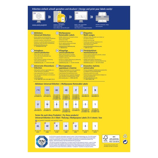 Slika prikazuje informacije o Averyjevim izmjenjivim etiketama, uključujući pojedinosti o proizvodu, veličine i upute za ispis. Pruža mogućnosti na različitim jezicima i sadrži etikete prikladne za različite primjene.