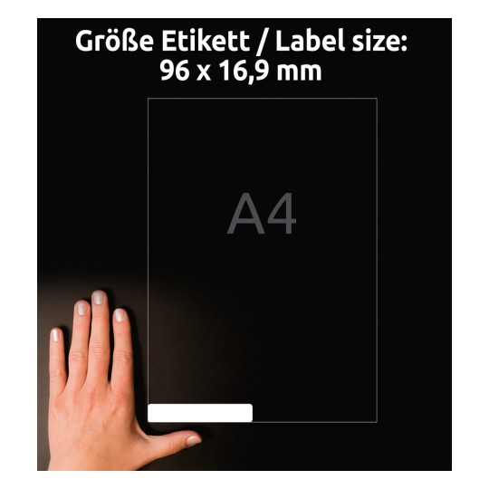 Usporedba veličine s rukom, Artikl: L6031REV-25, jedan list univerzalnih naljepnica, odvojiv, format: 96 x 16,9 mm, boja: bijela?