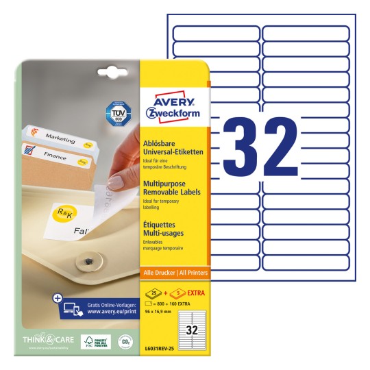 Slik pakiranja s listom naljepnica: Avery Zweckform univerzalne naljepnice, odvojive, artikl: L6031REV-25, format: 96 x 16,9 mm, prikladnost za ispis: Inkjet, crno-bijeli laser, laserski u boji, sadržaj: 960 naljepnica / 30 listova, 32 naljepnice/list?