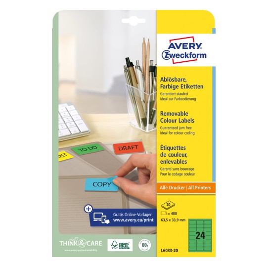 Slika pakiranja: Avery Zweckform šarene organizacijske naljepnice, odvojive, članka: L6033-20, format: 63,5 x 33,9 mm, prikladnost za ispis: inkjet, laserski crno-bijeli, laserski u boji, sadržaj: 480 naljepnica / 20 listova, 24 naljepnice/list?