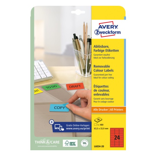 Slika pakiranja: Avery Zweckform, Oznake za organizaciju u boji, odvojive, Artikl: L6034-20, Format: 63,5 x 33,9 mm, Pogodno za ispis: Inkjet, crno-bijeli laser, laserski u boji, Sadržaj: 480 naljepnica / 20 listova, 24 naljepnice/list.