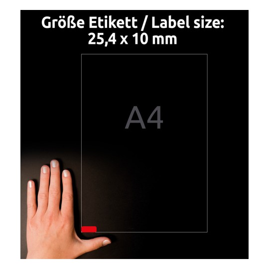 Usporedba veličine s rukom, artikl: L6036-20, jedan list šarenih etiketa, odljepljiv, format: 25,4 x 10 mm, boja: crvena.