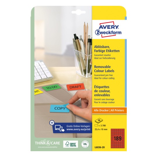 Slika pakiranja: Avery Zweckform šarene organizacijske naljepnice, uklonjive, artikal: L6036-20, format: 25,4 x 10 mm, prikladne za ispis: Inkjet, crno-bijeli laser, kolor laser, sadržaj: 3.780 naljepnica / 20 listova, 189 naljepnica/list.