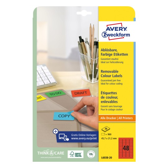 Slika pakiranja: Avery Zweckform Etikete u boji za organizaciju, odvojive, Artikl: L6038-20, Format: 45,7 x 21,2 mm, Prikladno za tisak: Inkjet, crno-bijeli laser, laserski u boji, Sadržaj: 960 etiketa / 20 listova, 48 etiketa/list.