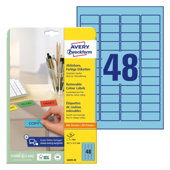 Pakiranje s listom naljepnica: Avery Zweckform obojene naljepnice, odvojive, artikl: L6039-20, format: 45,7 x 21,2 mm, pogodno za ispis: Inkjet, crno-bijeli laser, laserski pisač u boji, sadržaj: 960 naljepnica / 20 listova, 48 naljepnica/list.