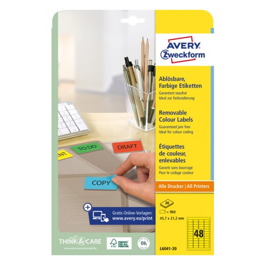 Slika iz paketa: Avery Zweckform obojene organizacijske naljepnice, odvojive, artikal: L6041-20, format: 45,7 x 21,2 mm, prikladno za ispis: Inkjet, crno-bijeli laser, laserski kolor, sadržaj: 960 naljepnica / 20 listova, 48 naljepnica po listu.