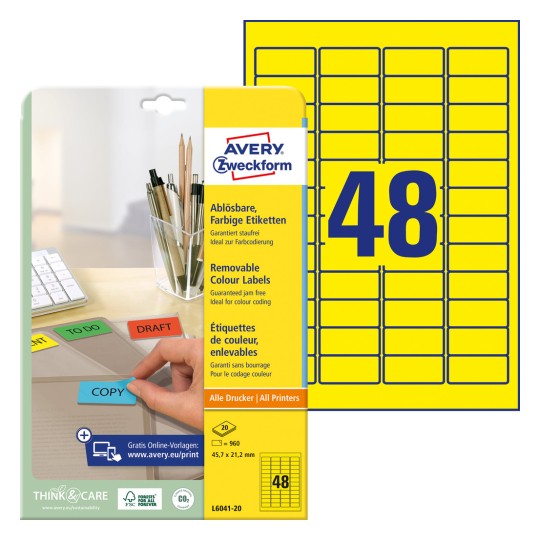 Slika pakiranja s listom naljepnica: Avery Zweckform Obojene naljepnice, uklonjive, Artikl: L6041-20, Format: 45,7 x 21,2 mm, Pogodnost ispisa: Inkjet, crno-bijeli laser, kolor laser, Sadržaj: 960 naljepnica / 20 listova, 48 naljepnica/list.