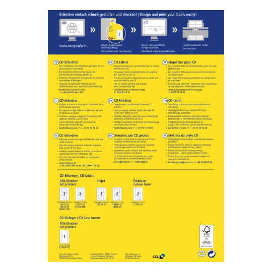 Slika je informativni vodič o kreiranju i ispisu CD naljepnica. Uključuje upute na više jezika, savjete za upotrebu i šifre proizvoda za razne naljepnice. Dizajn je svijetao i uključuje grafike radi lakšeg razumijevanja.