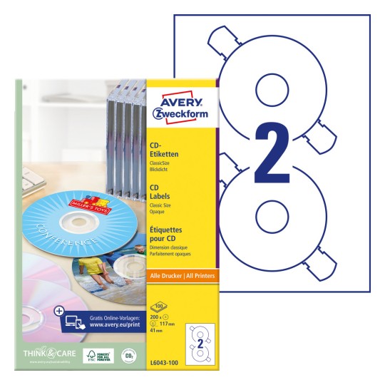 Slika pakiranja s etiketama: Avery Zweckform CD naljepnice ClassicSize, Artikl: L6043-100, Format: ⌀ 117 mm, Prikladnost za ispis: Inkjet, crno-bijeli laser, laserski u boji, Sadržaj: 200 naljepnica / 100 listova, 2 naljepnice/list?