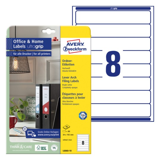 Slika pakiranja s listom etiketa: Avery Zweckform etikete za registratore, kućni ured, malo pakiranje, artikl: L6060-10, format: 34 x 192 mm, prikladno za ispis: inkjet, crno-bijeli laser, laserski u boji, sadržaj: 80 etiketa / 10 listova, 8 etiketa po listu.