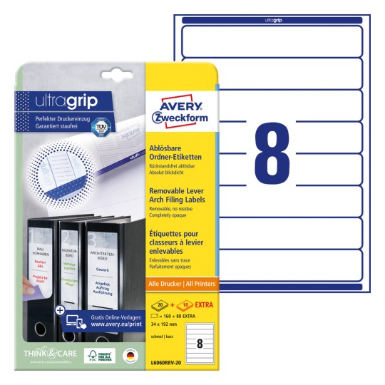 Slika pakiranja s listovima naljepnica: Avery Zweckform naljepnice za registratore, odvojive, artikl: L6060REV-20, format: 34 x 192 mm, prikladno za ispis: Inkjet, laserski crno-bijeli, laserski u boji, sadržaj: 240 naljepnica / 30 listova, 8 naljepnica/list.