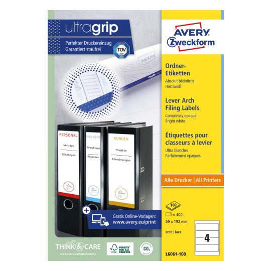 Slika pakiranja: Avery Zweckform naljepnice za mape, artikl: L6061-100, format: 59 x 192 mm, prikladnost za ispis: Inkjet, crno-bijeli laser, laserski pisač u boji, sadržaj: 400 naljepnica / 100 listova, 4 naljepnice/list.