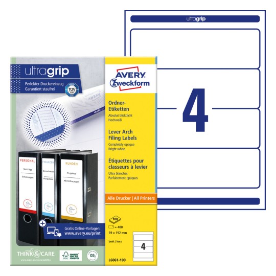 Slika pakiranja s listom naljepnica: Avery Zweckform naljepnice za registratore, artikl: L6061-100, format: 59 x 192 mm, pogodno za pisač: inkjet, laserski crno/bijeli, laserski u boji, sadržaj: 400 naljepnica / 100 listova, 4 naljepnice/list?