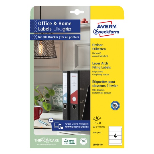 Slika pakiranja: Avery Zweckform naljepnice za registratore, Artikl: L6061-10, Format: 59 x 192 mm, Pogodno za ispis: Inkjet, crno-bijeli laserski pisač, kolor laserski pisač, Sadržaj: 40 naljepnica / 10 listova, 4 naljepnice/list.