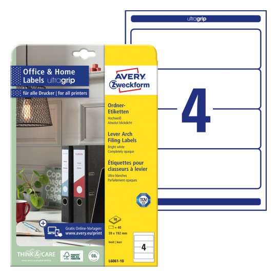 Slika pakiranja s listovima naljepnica: Avery Zweckform naljepnice za fascikle, Kućni ured, Malo pakiranje, Proizvod: L6061-10, Format: 59 x 192 mm, Prikladno za tiskanje: Inkjet, crno-bijeli laser, laserski u boji, Sadržaj: 40 naljepnica / 10 listova, 4 naljepnice/list?