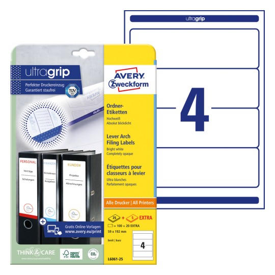 Slik Packung sa naljepnicama: Avery Zweckform naljepnice za registratore, artikal: L6061-25, format: 59 x 192 mm, prikladno za ispis: Inkjet, crno-bijeli laser, laserski pisač u boji, sadržaj: 120 naljepnica / 30 listova, 4 naljepnice/list?