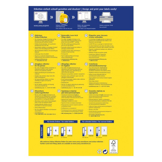 Slika prikazuje informacije o dizajnu i ispisu naljepnica za registratore s polugom. Uključuje upute na više jezika, naglašavajući značajke poput uklonjivih naljepnica i savjeta za optimalni ispis.