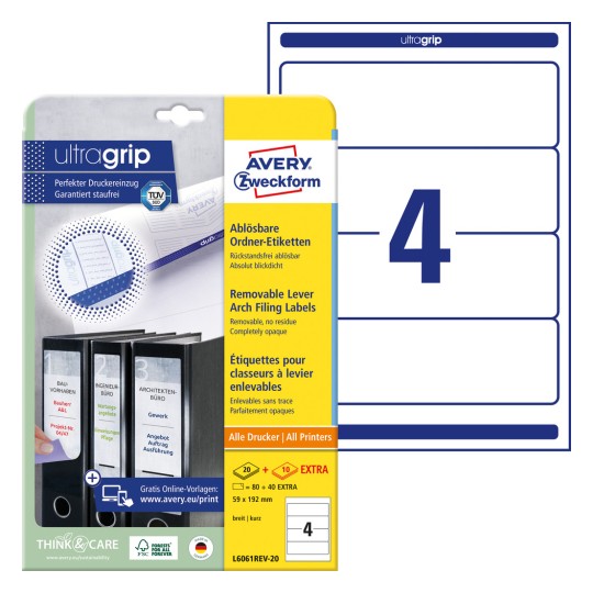 Slika pakiranja s listom naljepnica: Avery Zweckform naljepnice za registratore, odvojive, Artikl: L6061REV-20, Format: 59 x 192 mm, Prikladnost za ispis: Inkjet, crno-bijeli laser, laserski u boji, Sadržaj: 120 naljepnica / 30 listova, 4 naljepnice/list?