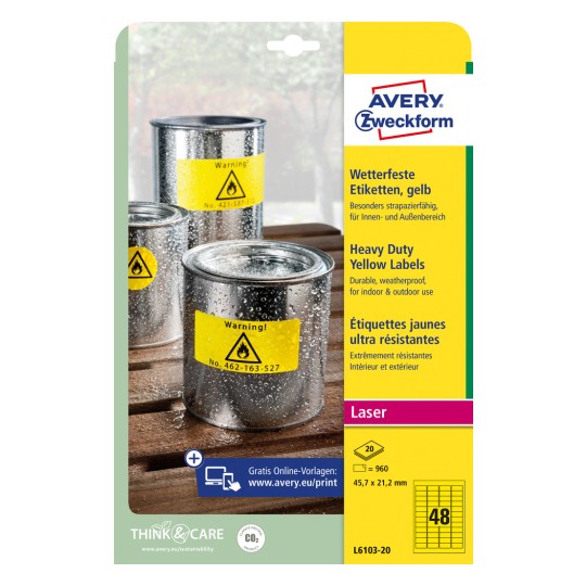 Slika pakiranja: Avery Zweckform Vodootporne folijske etikete za laserske pisače, Artikl: L6103-20, Format: 45,7 x 21,2 mm, Pogodnost za pisač: Crno-bijeli laser, Sadržaj: 960 etiketa / 20 listova, 48 etiketa/list?