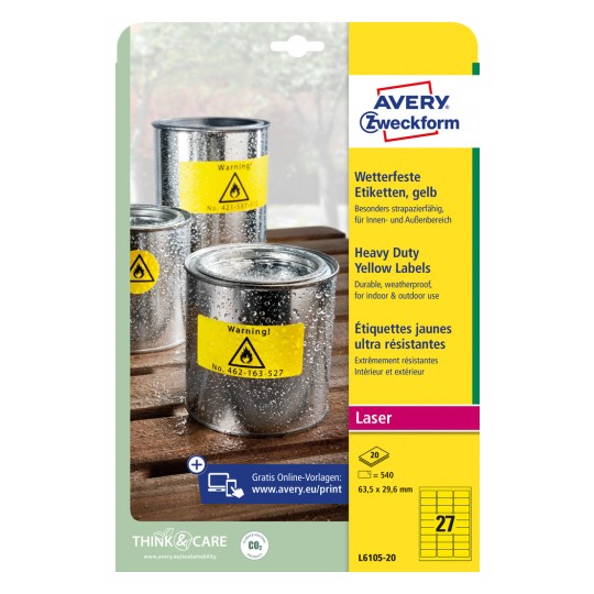 Slik pakiranja: Avery Zweckform Vodootporne etikete od folije za laserske pisače, Artikl: L6105-20, Format: 63,5 x 29,6 mm, Pogodnost za ispis: Laser crno/bijeli, Sadržaj: 540 etiketa / 20 listova, 27 etiketa/list?