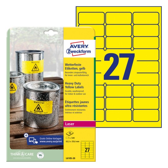 Slika ambalaže s arkusom naljepnica: Avery Zweckform Vremenski otporne folijske naljepnice, Artikel: L6105-20, Format: 63,5 x 29,6 mm, Prikladnost tiska: Laser crno-bijeli, Sadržaj: 540 naljepnica / 20 araka, 27 naljepnica/arka.