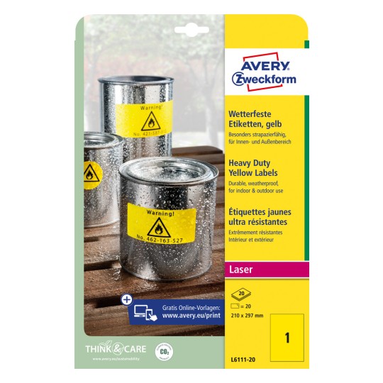 Slika pakiranja: Avery Zweckform Vodootporne folije naljepnice za laserske pisače, Artikl: L6111-20, Format: 210 x 297 mm, Prikladnost za ispis: Laser crno-bijelo, Sadržaj: 20 naljepnica / 20 listova, 1 naljepnica/list?