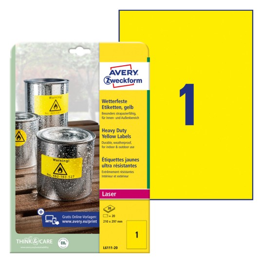 Slika pakiranja s listom naljepnica: Avery Zweckform Vodootporne folijske naljepnice, Artikl: L6111-20, Format: 210 x 297 mm, Pogodno za pisače: Laser crno-bijelo, Sadržaj: 20 naljepnica / 20 listova, 1 naljepnica/list?