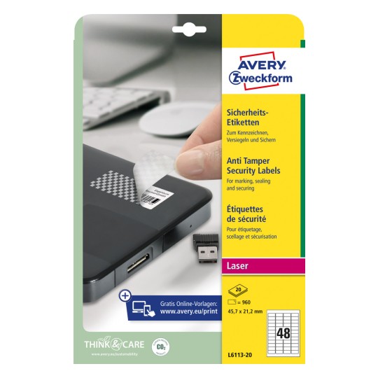 Slika pakiranja: Avery Zweckform sigurnosne naljepnice, Artikl: L6113-20, Format: 45,7 x 21,2 mm, Pogodnost za pisač: crno-bijeli laser, laserski u boji, Sadržaj: 960 naljepnica / 20 listova, 48 naljepnica/list.