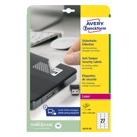 Prikaz pakiranja: Avery Zweckform sigurnosne naljepnice, artikl: L6114-20, format: 63,5 x 29,6 mm, pogodno za ispis: crno-bijeli laser, laserski u boji, sadržaj: 540 naljepnica / 20 listova, 27 naljepnica/list?
