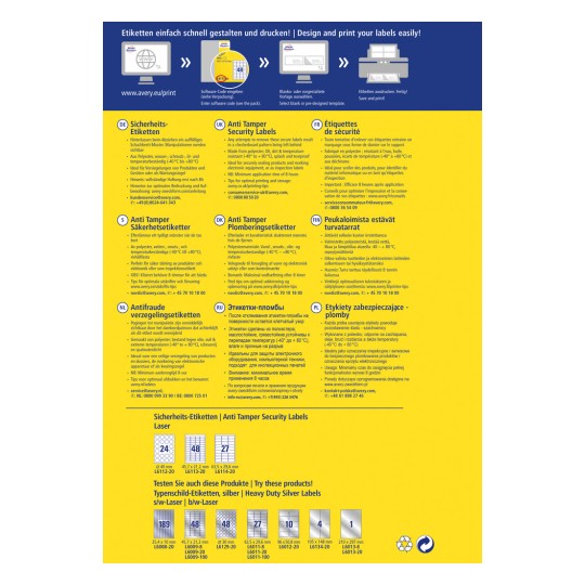 Slika sadrži informacije o sigurnosnim etiketama protiv manipulacije, uključujući specifikacije proizvoda, jezike, upute za primjenu i razne kontaktne podatke za Avery.