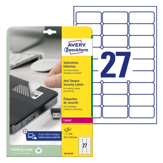Slika pakiranja s listovima naljepnica: Avery Zweckform sigurnosne naljepnice, artikl: L6114-20, format: 63,5 x 29,6 mm, prikladno za ispis: crno-bijeli laser, laserski u boji, sadržaj: 540 naljepnica / 20 listova, 27 naljepnica/ listu.