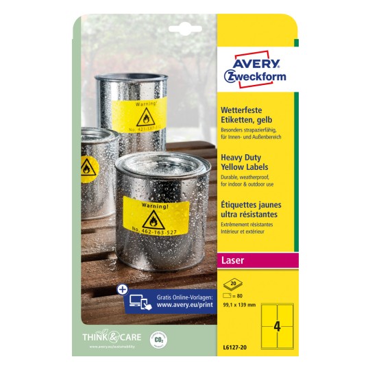 Slika pakiranja: Avery Zweckform Vodootporne folije-etikete za laserske pisače, Artikl: L6127-20, Format: 99,1 x 139 mm, Prikladno za ispis: Laser crno-bijeli, Sadržaj: 80 etiketa / 20 listova, 4 etikete/po listu.