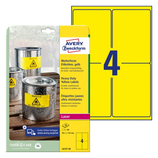 Slika pakiranja s arkom etiketa: Avery Zweckform Vodootporne folijske etikete, Artikl: L6127-20, Format: 99,1 x 139 mm, Pogodno za printer: Crno-bijeli laser, Sadržaj: 80 etiketa / 20 listova, 4 etikete/list?