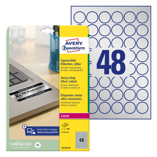 Pakiranje s arkom naljepnica: Avery Zweckform tipkovne naljepnice, Artikl: L6129-20, Format: ⌀ 30 mm, Pogodnost za pisač: laserski crno-bijeli, Sadržaj: 960 naljepnica / 20 listova, 48 naljepnica/list?